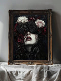 Gothic rose-veiled woman canvas print in a brown ornate frame beside a bed