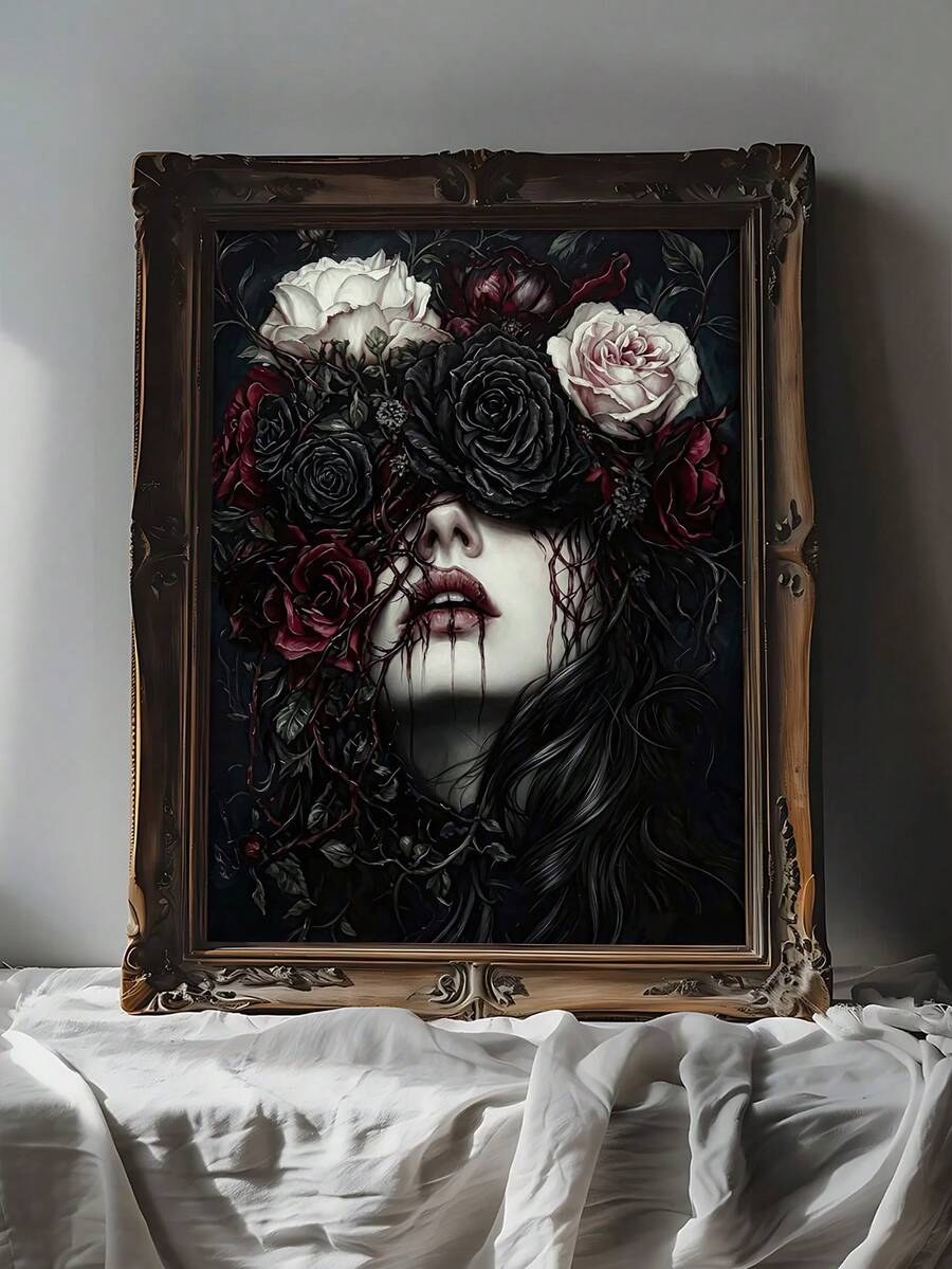 Gothic rose-veiled woman canvas print in a brown ornate frame beside a bed