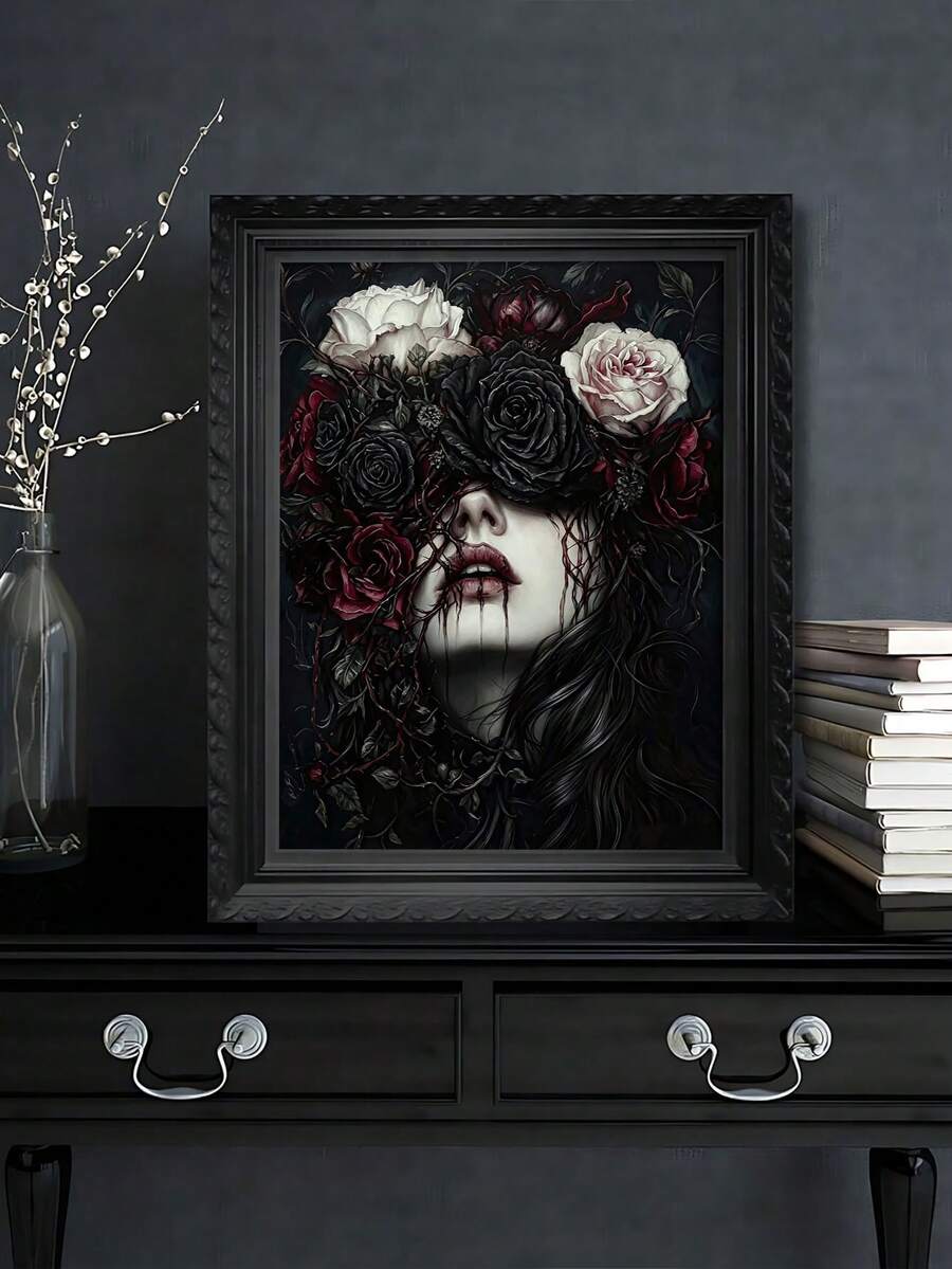 Gothic rose-veiled woman canvas print in a carved black frame above a dresser