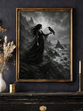 Gothic woman with a raven and stormy seascape in a gold frame above a mantel
