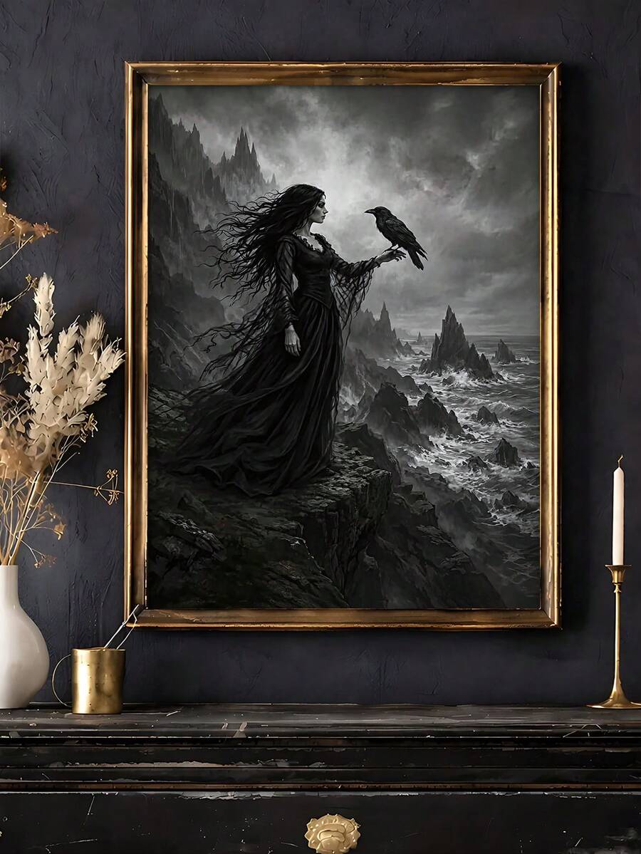 Gothic woman with a raven and stormy seascape in a gold frame above a mantel