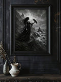 Gothic woman with a raven over grayscale coastal cliffs in a black frame