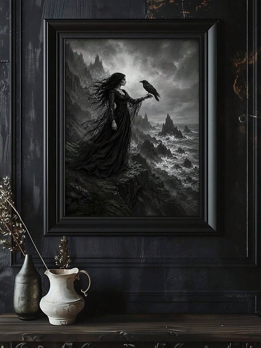 Gothic woman with a raven over grayscale coastal cliffs in a black frame