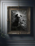 Gothic woman with a raven above misty grayscale cliffs in an ornate dark hanging frame