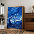 Framed swirling sky and village canvas displayed in a bright room