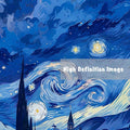 Close view of cobalt starry sky brushwork and luminous swirling stars