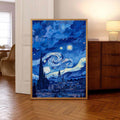 Blue starry village poster framed above a living room sideboard