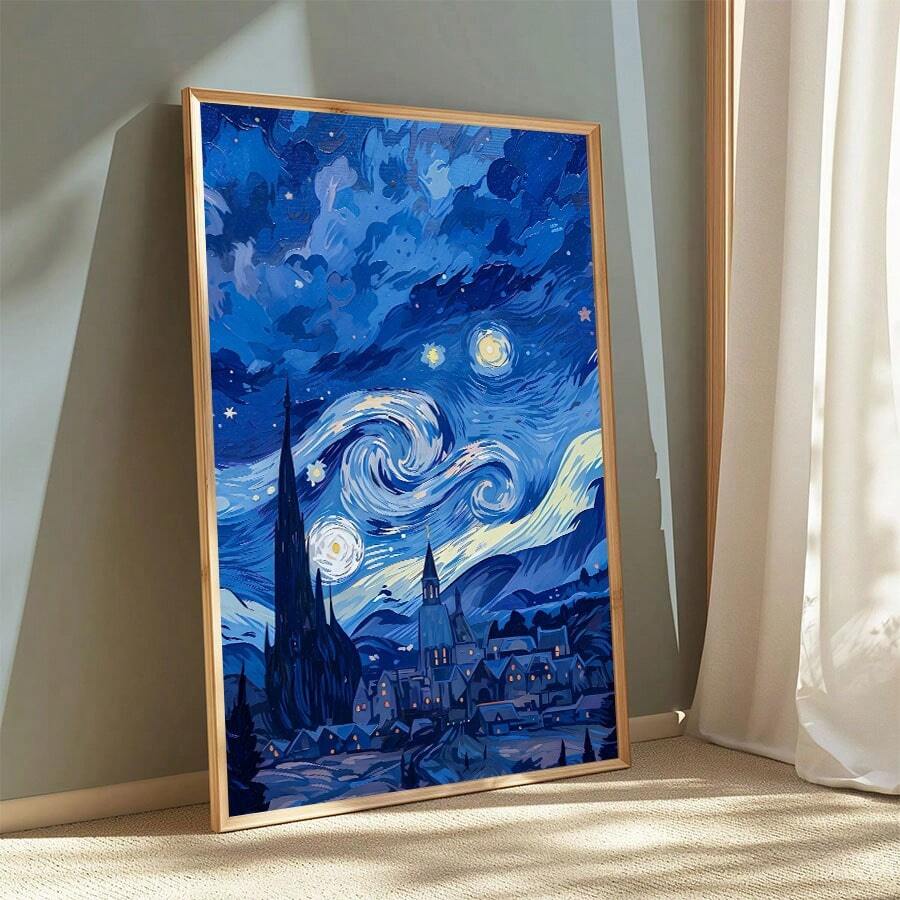 Starry blue village wall art leaning beside a sunlit window