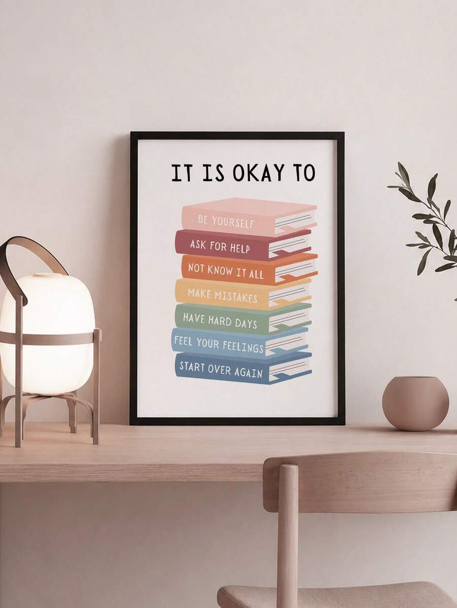 Angled view of a framed colorful book illustration poster with mirrored edges