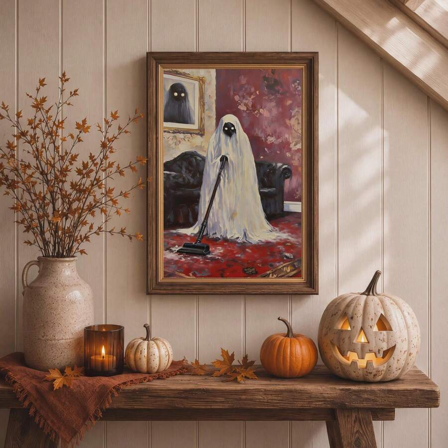 Funny ghost vacuum Halloween oil painting style canvas poster in entryway console display