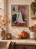 Dark humour ghost vacuum oil painting style poster displayed in an autumn kitchen