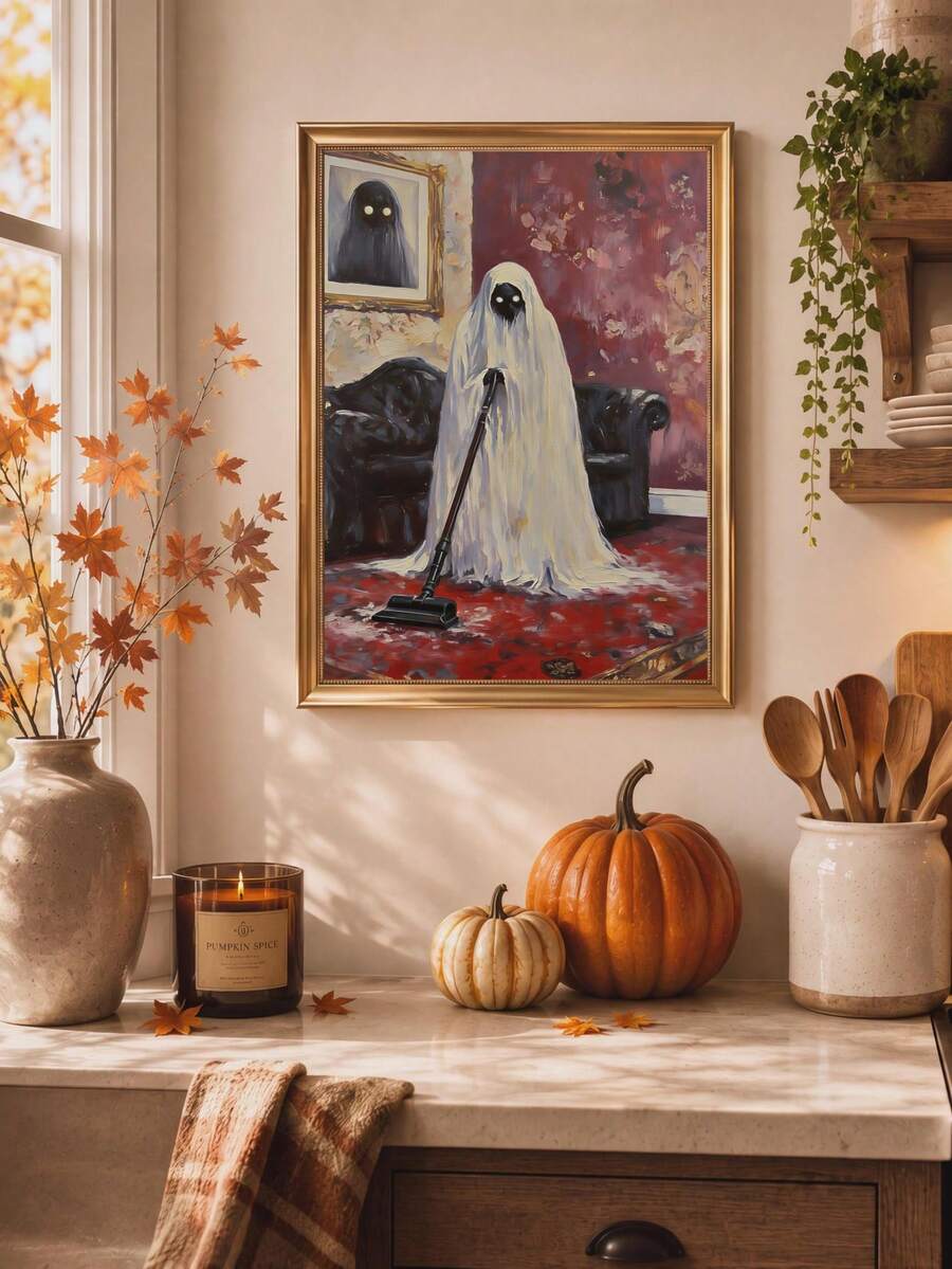 Dark humour ghost vacuum oil painting style poster displayed in an autumn kitchen