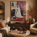 Framed funny ghost Halloween canvas artwork as a dramatic living room wall display