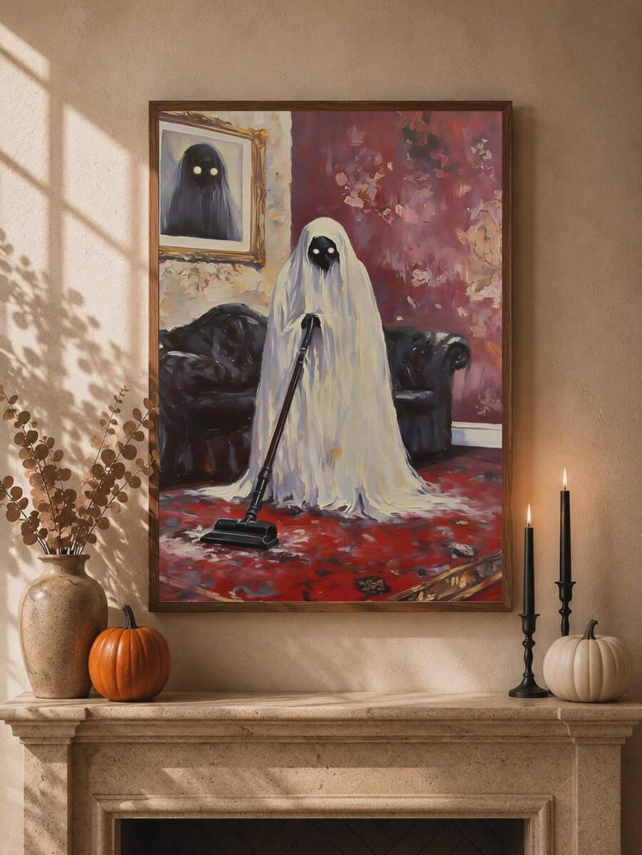Close-up of framed ghost vacuum Halloween oil painting style wall art above a fireplace mantel