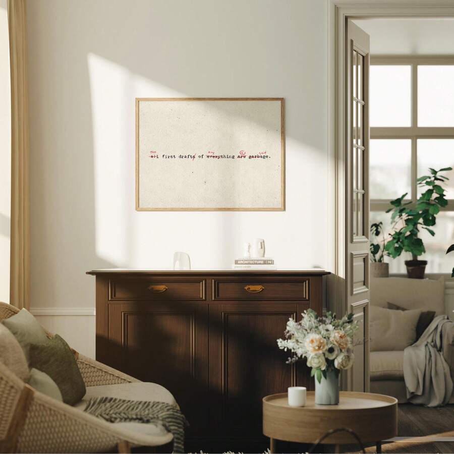 Add witty inspiration to your office with an "All First Drafts Are Garbage" Canvas Poster, featuring vintage manuscript style for writers and book lovers.