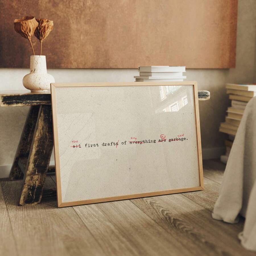 Add witty inspiration to your office with an "All First Drafts Are Garbage" Canvas Poster, featuring vintage manuscript style for writers and book lovers.