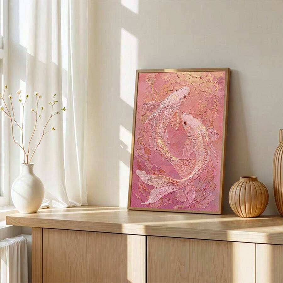 Blush koi poster framed on a console in a bright room beside a window
