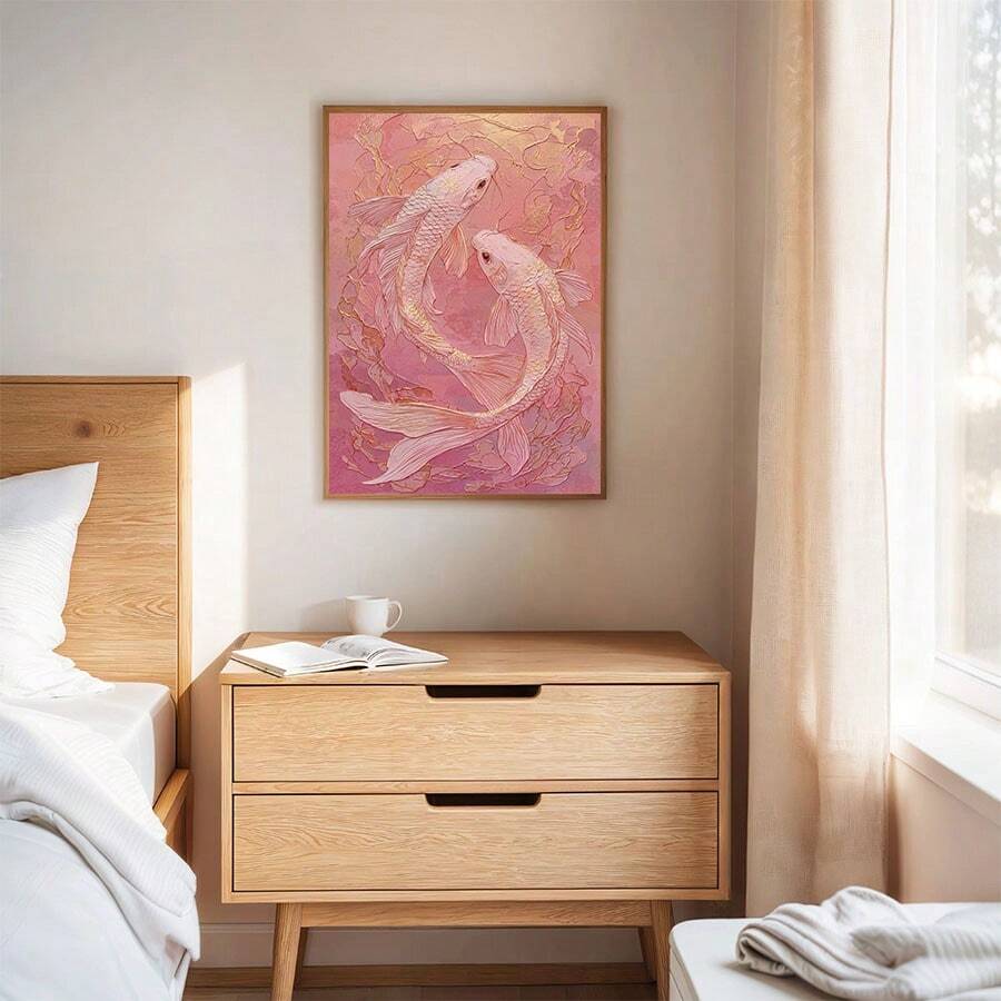 Framed koi wall art hanging above a light wood bedroom dresser