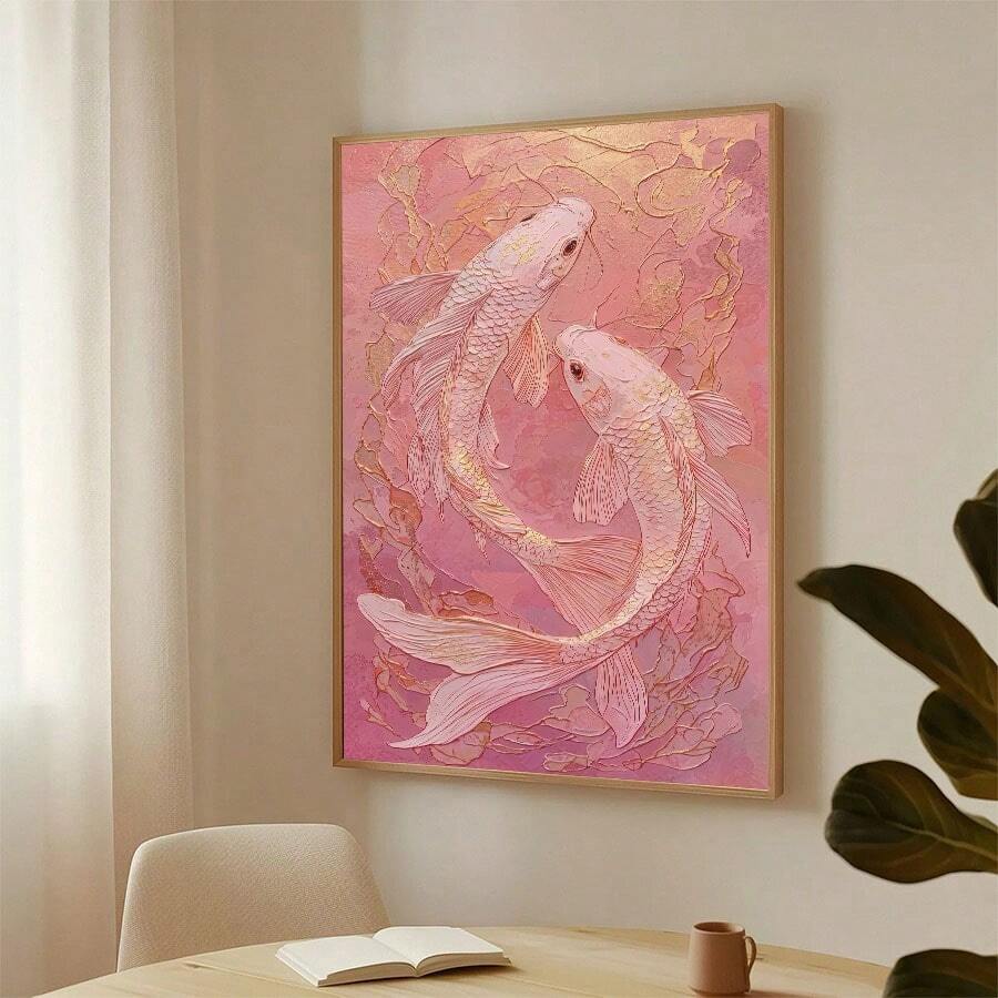 Framed pink koi canvas displayed above a dining nook with a small table and chair