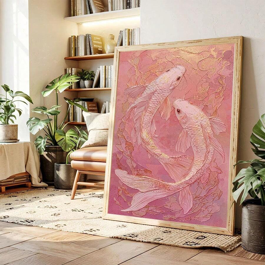 Japanese-inspired pink koi canvas styled in a leafy living room with neutral furnishings