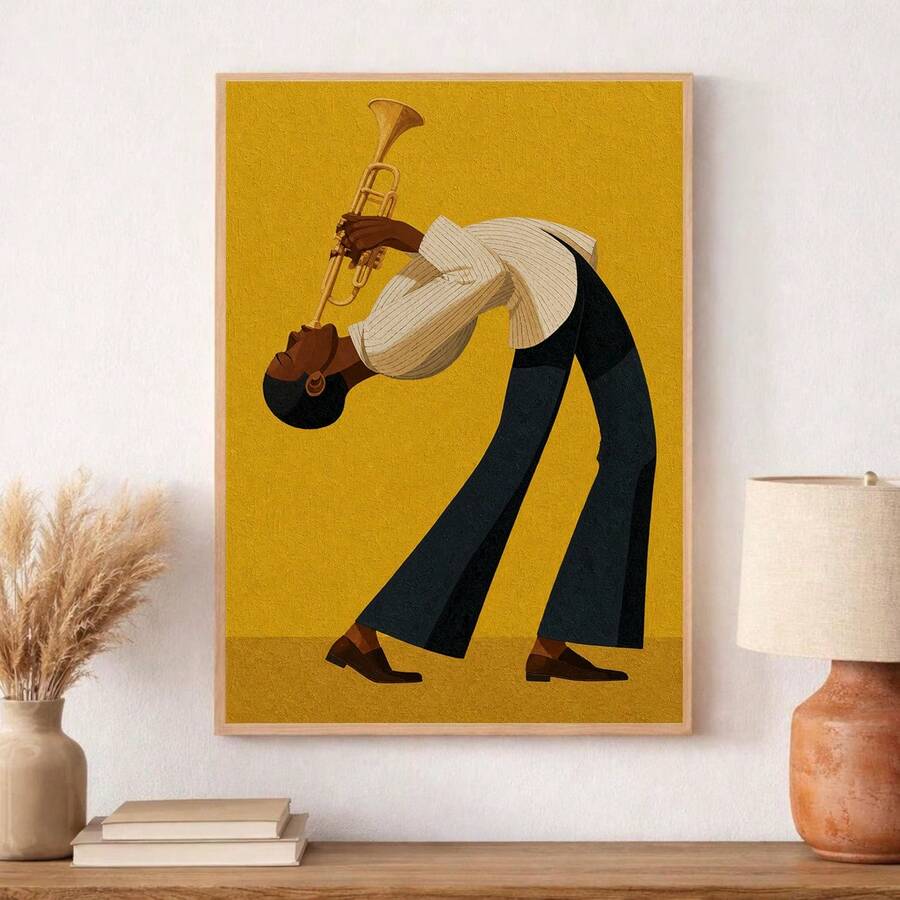 Retro Jazz Trumpet Player Canvas poster featuring an African American musician. Perfect for music rooms, studios, living rooms, cafés, jazz lovers, and music decor.