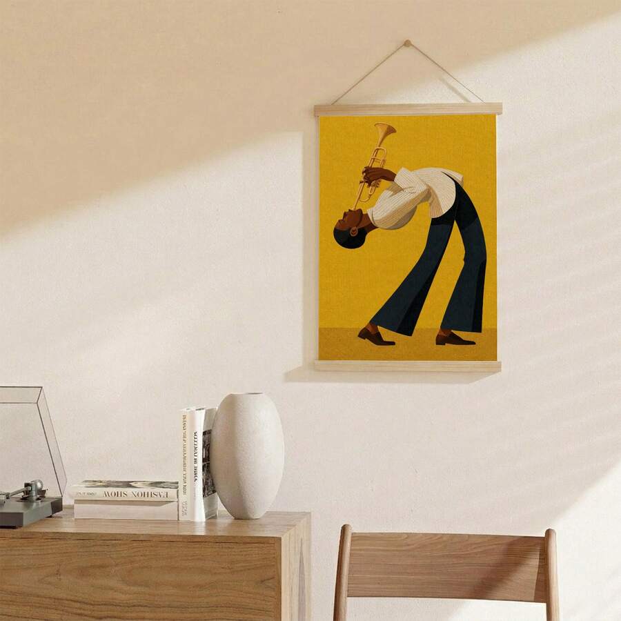 Retro Jazz Trumpet Player Canvas poster featuring an African American musician. Perfect for music rooms, studios, living rooms, cafés, jazz lovers, and music decor.