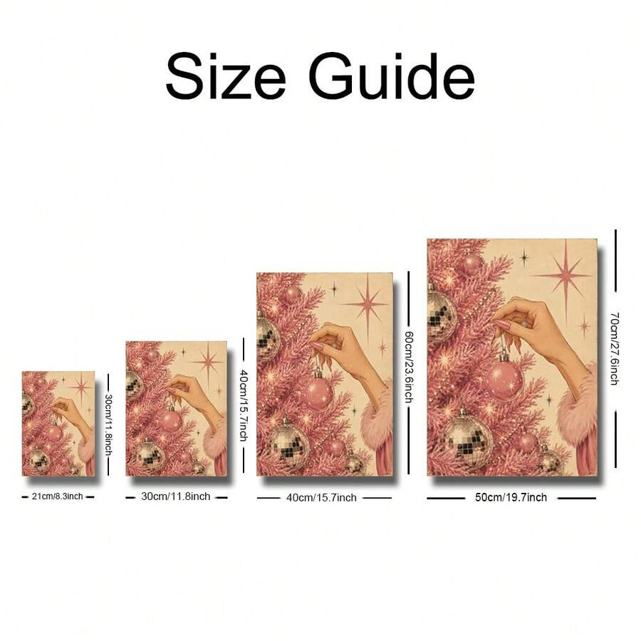Canvas size guide comparing four dimensions for pink Christmas tree holiday art
