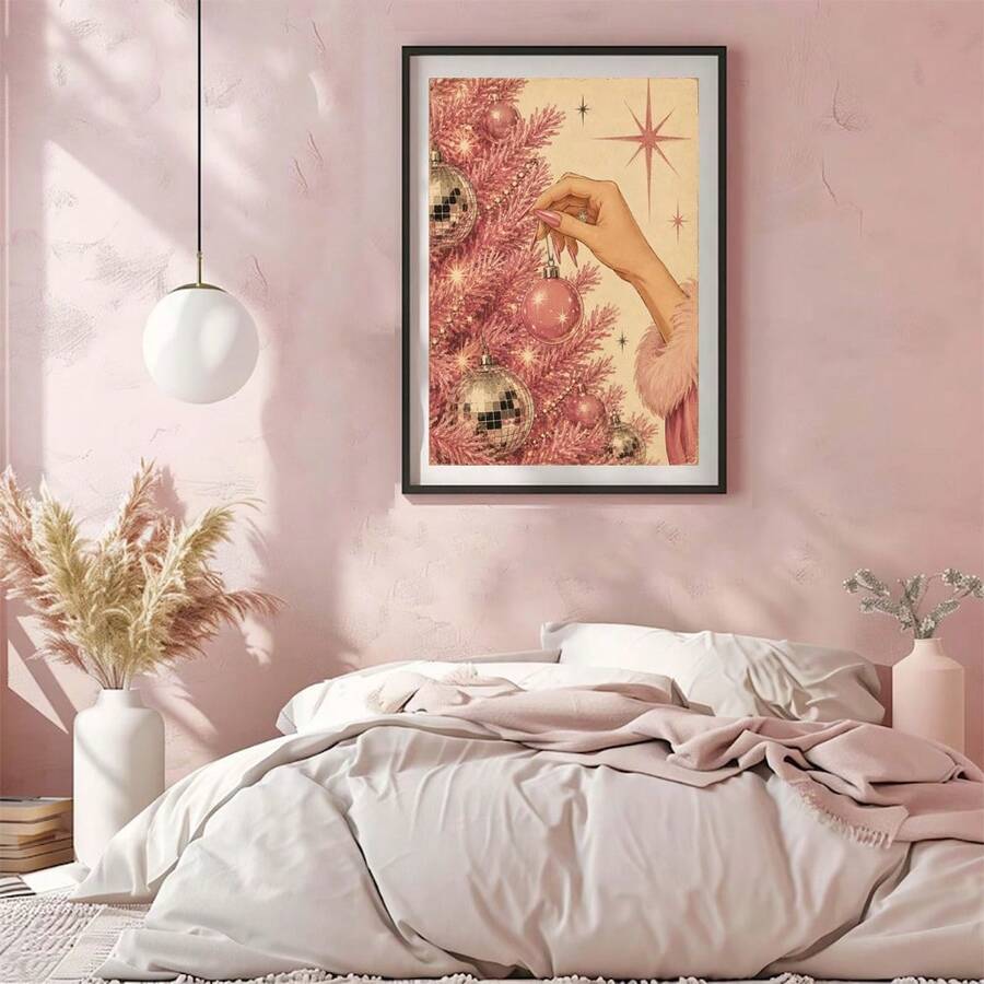 Blush bedroom wall styled with framed pink Christmas tree and mirrored disco-ball ornament artwork