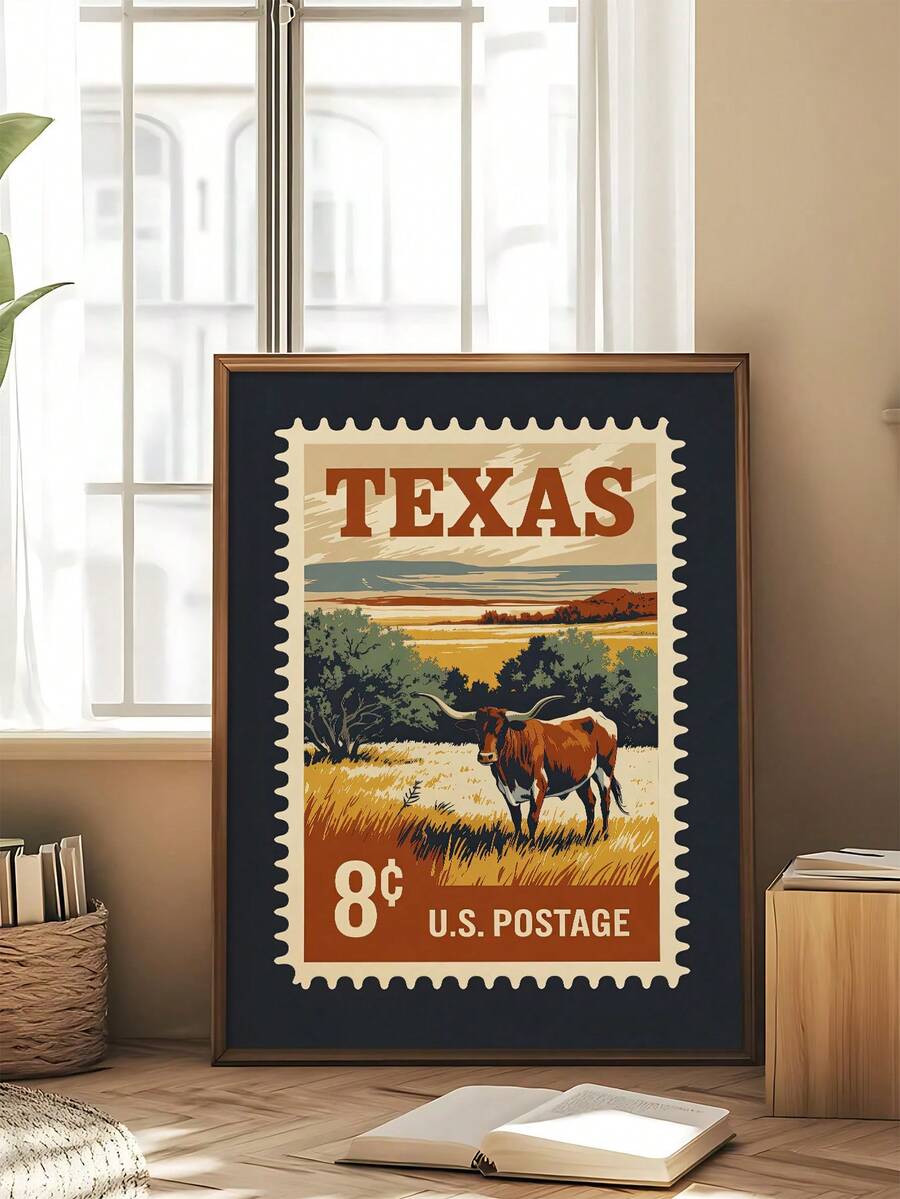 Texas Longhorn Vintage Stamp Western Americana Ranch Canvas Poster