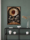 Tarot inspired celestial canvas poster with cream daisies on a dark background