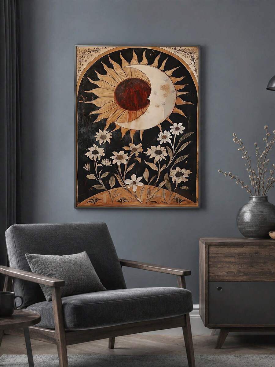 Vintage celestial sun and crescent moon canvas poster displayed beside a sofa