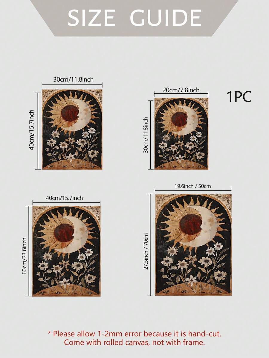 Size guide for unframed sun moon and daisy canvas poster in four dimensions