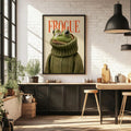 Frogue fashion frog canvas poster in a black frame against white kitchen tile