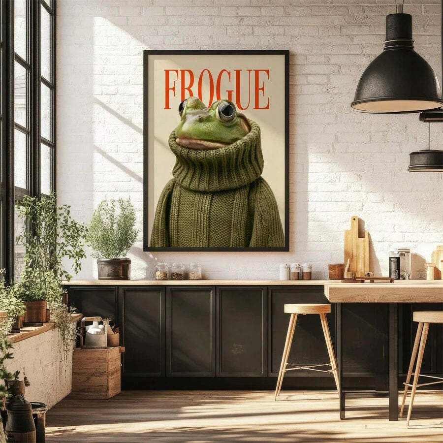 Frogue fashion frog canvas poster in a black frame against white kitchen tile