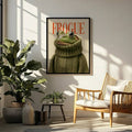 Black-framed Frogue fashion frog poster in a bright seating area