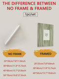 Comparison of framed and no-frame olive green stripe canvas poster options