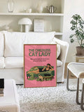 Framed cat lady wall art displayed in front of a white sofa