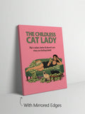 Framed pink cat lady art styled on an olive lounge chair