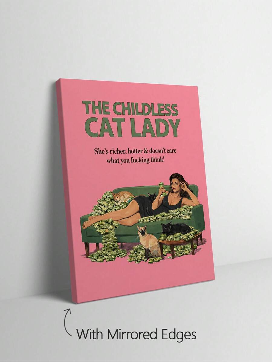 Framed pink cat lady art styled on an olive lounge chair