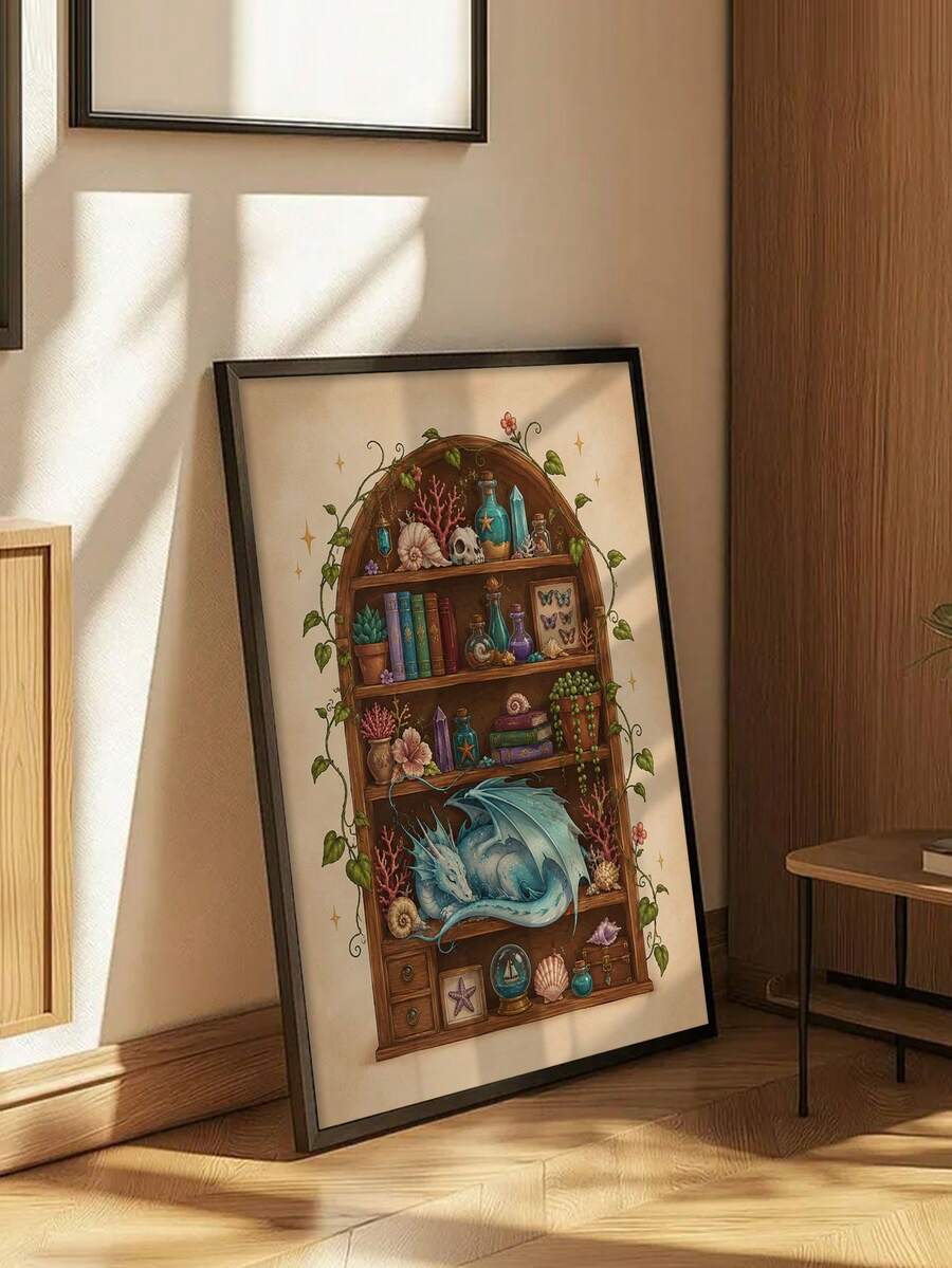 Black-framed blue dragon bookshelf print on a wooden floor beside a side table