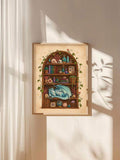 Light wood-framed sleeping dragon fantasy print among maritime shelf curios