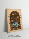 Sleeping blue dragon canvas print among books shells potions and coral