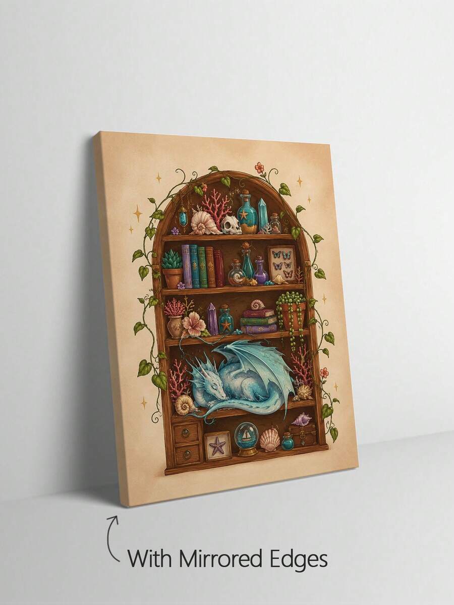 Sleeping blue dragon canvas print among books shells potions and coral