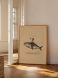 Large wood-framed cowboy riding fish print beside a glass door
