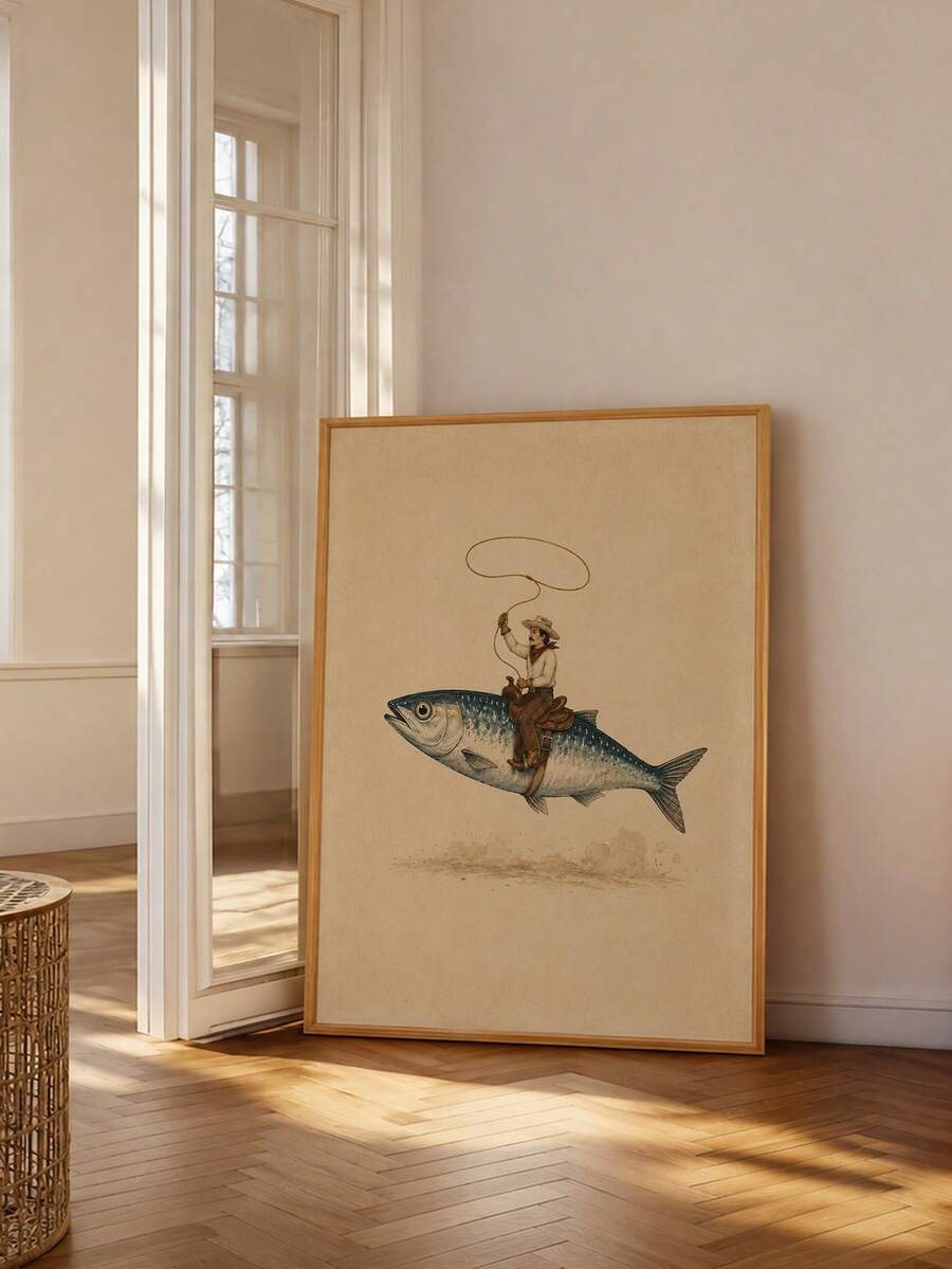 Large wood-framed cowboy riding fish print beside a glass door