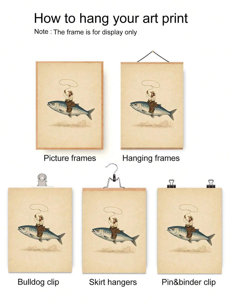 Cowboy riding giant fish art print display methods diagram