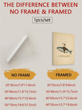 Framed and unframed cowboy fish canvas poster comparison with dimensions