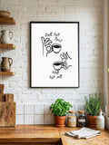 Black framed coffee cup line art poster displayed on a white brick kitchen wall