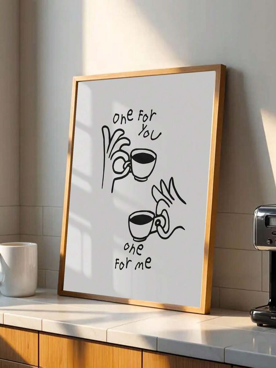 Framed One for You One for Me coffee line art canvas poster above a coffee station