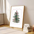 Framed pastel bow Christmas tree art beside wrapped holiday gifts